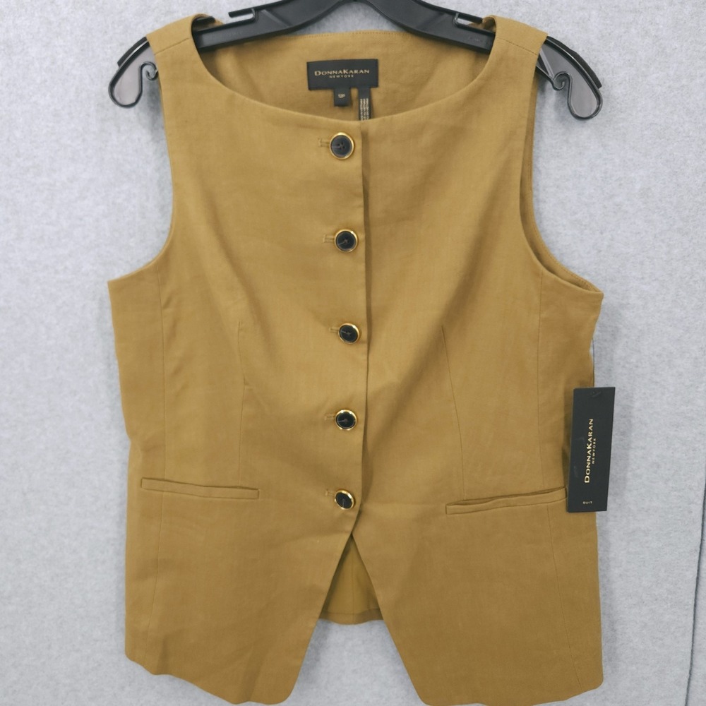 Donna Karan New York Linen‎ Blend Olive Sleeveless Vest Womens Size 12P NWT